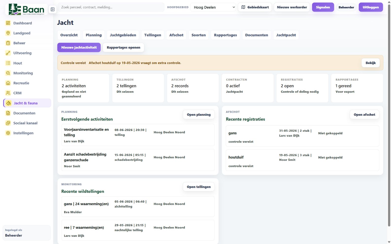 Jachtdashboard met wildtellingen, afschotregistraties en openstaande controles